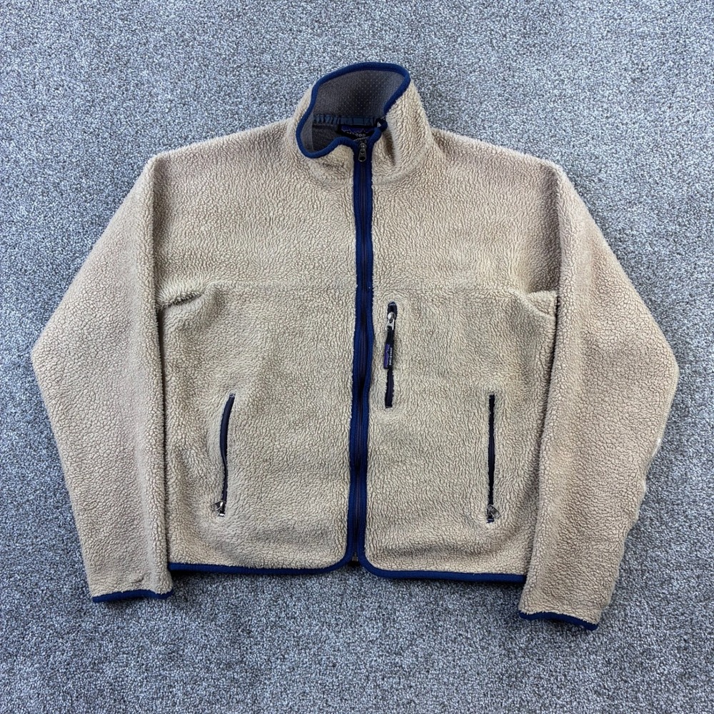 Vintage Patagonia Deep Pile Fleece Jacket Mens Small Oatmeal Tan Retro Cardigan